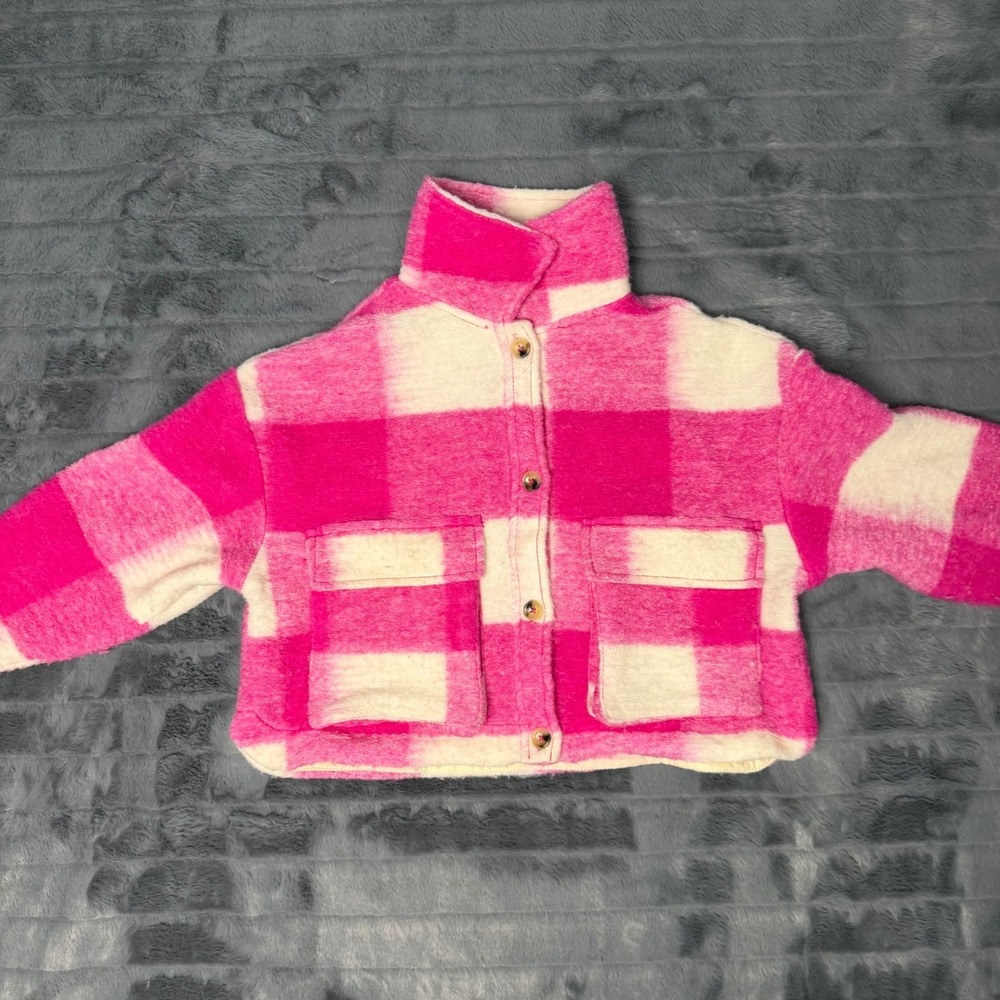 Zara Kids Pink Buffalo Plaid Wool Blend Shacket Jacket Girls Size 9-10 140cm